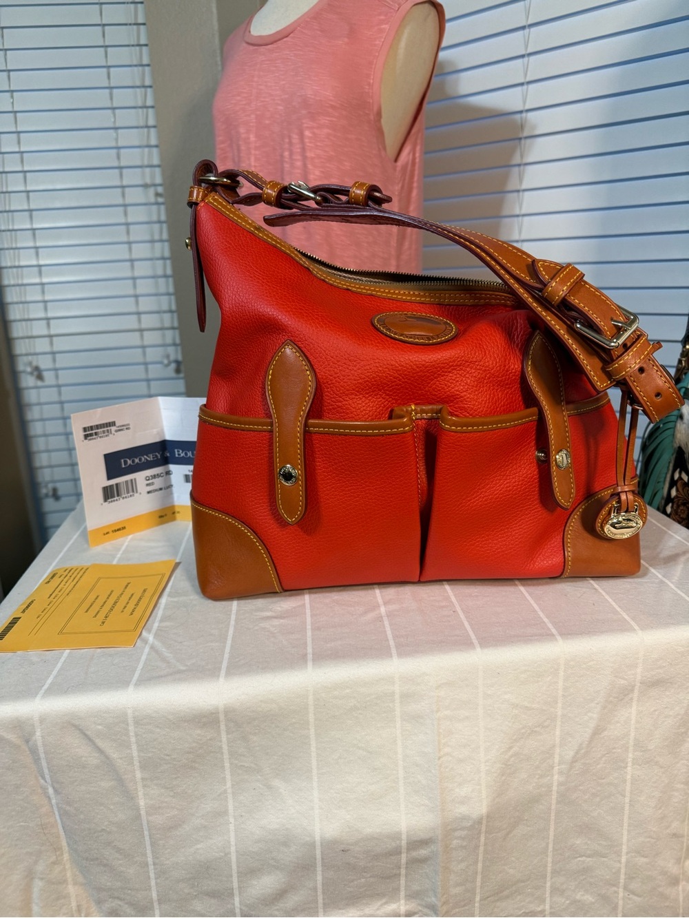 Dooney & Bourke Red All Weather Leather Medium Lucy Shoulder Bag with Tan Trim